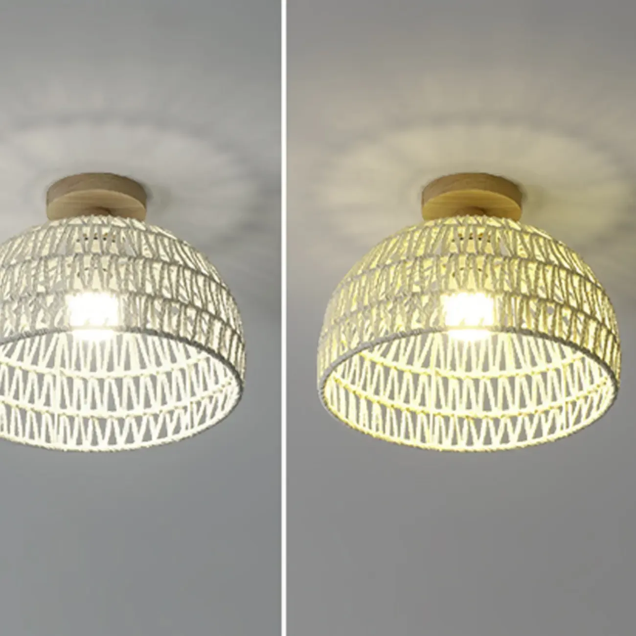 Natural Finish Semi Flush Ceiling Light with Rope Dome Shade