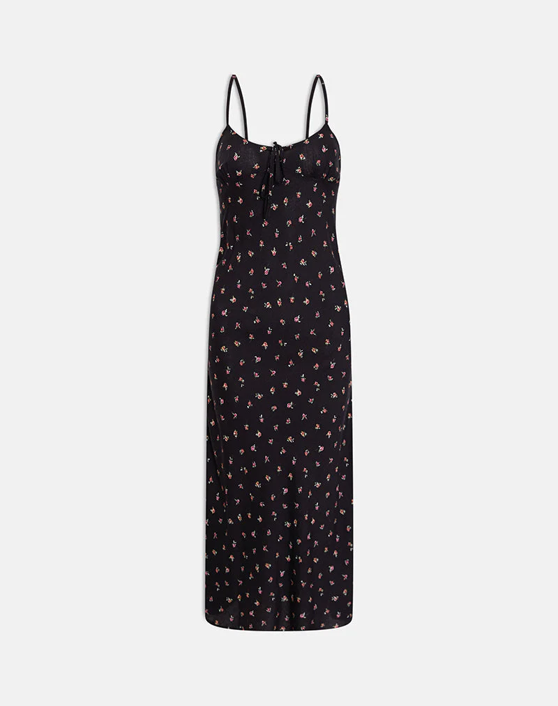 Posine Maxi Dress in Black with Red Rose Ditsy Print