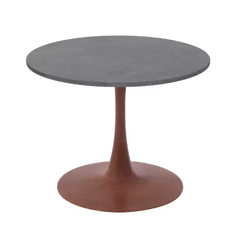 LeisureMod Bristol 27 Round Dining Table with Sintered Stone Top and Cherry Steel Pedestal Base for Modern Kitchen and Dining Room