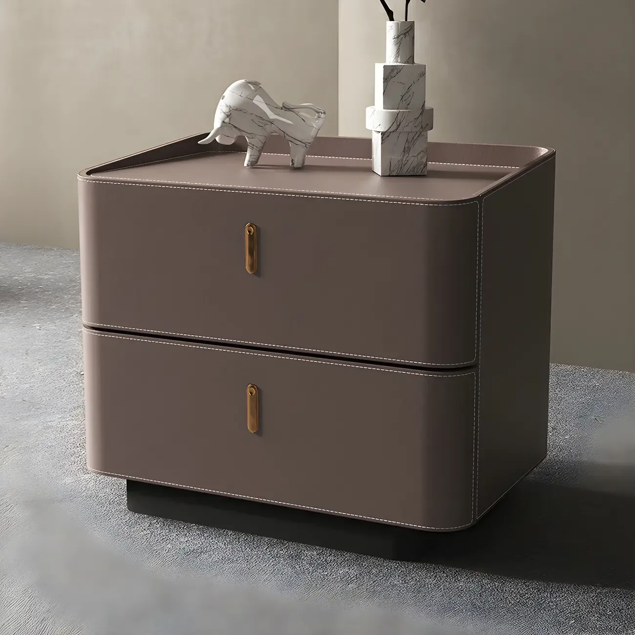 Modern Black Faux Leather Top Wood 2-Drawer Nightstand