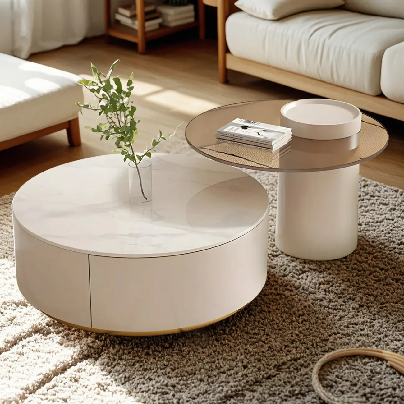 White Modern Round Drum Wood Drawer Coffee Table