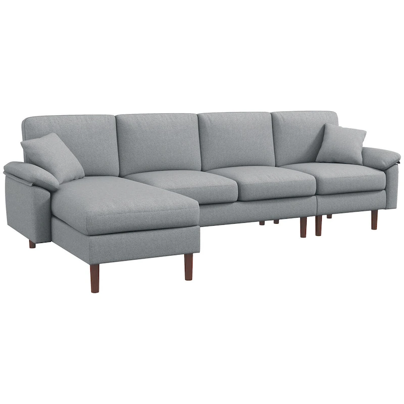 HOMCOM Fabric Sectional Couch with Reversible Sleeper Sofa, Modern L Shaped Sectional Sofa with Pillows, Wooden Legs