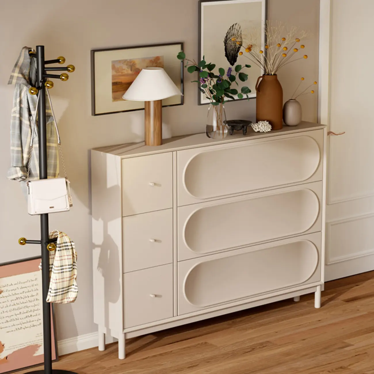 Cream Wooden Drop Front Shoe Cabinet with 3 Drawers