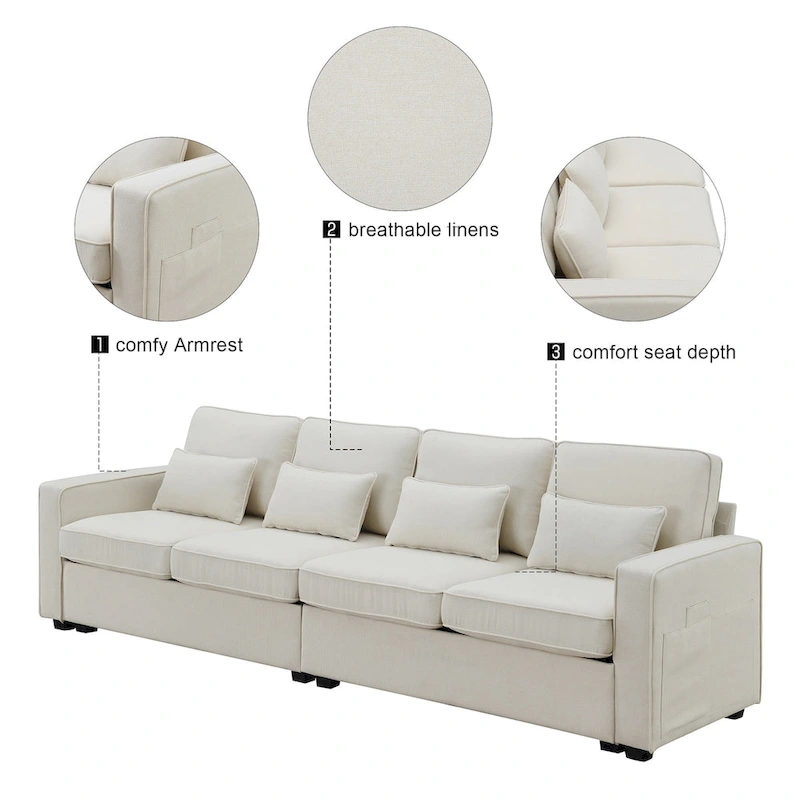 4-Seater Modern Linen Fabric Sofa with Armrest Pockets and 4 Pillows