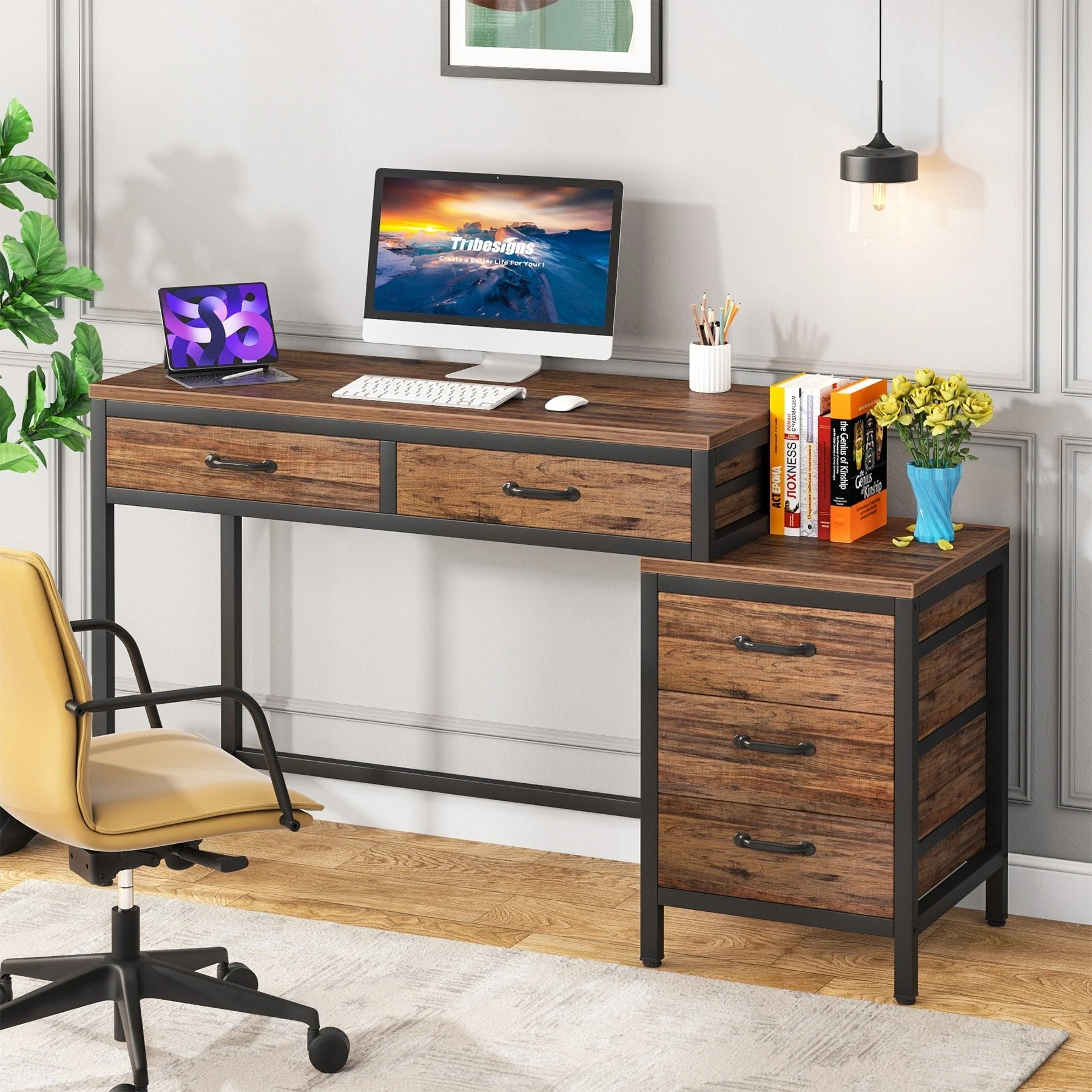 Reversible Computer Desk with 5 Drawers, Home Office Desk with File Cabinet Drawer Printer Stand