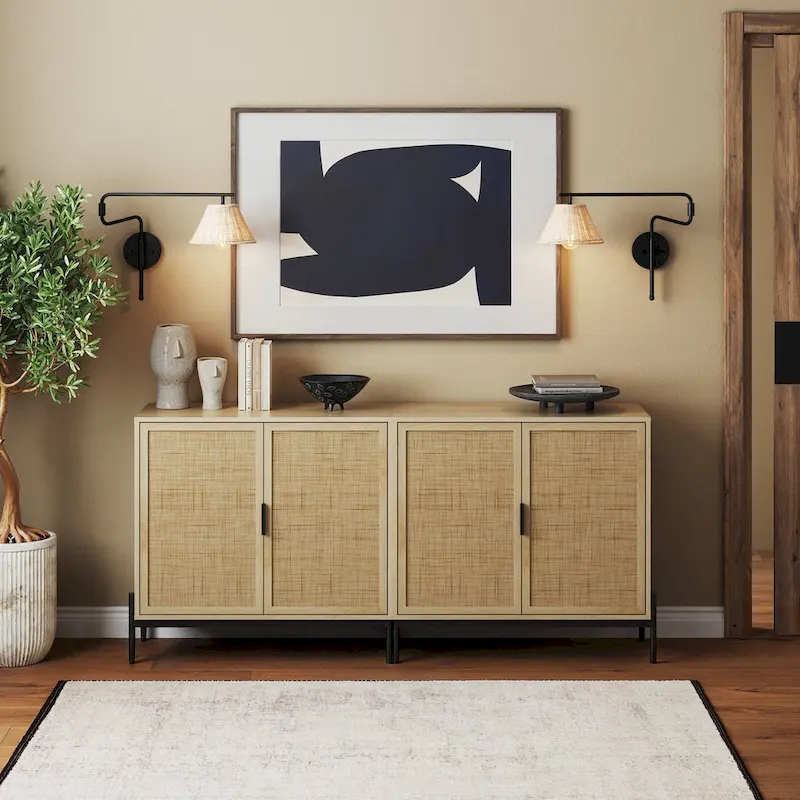 Andrew Bohemian Entryway Storage Cabinet or Kitchen Sideboard Credenza, TV Stand or Rattan Accent Cabinet with Metal Legs