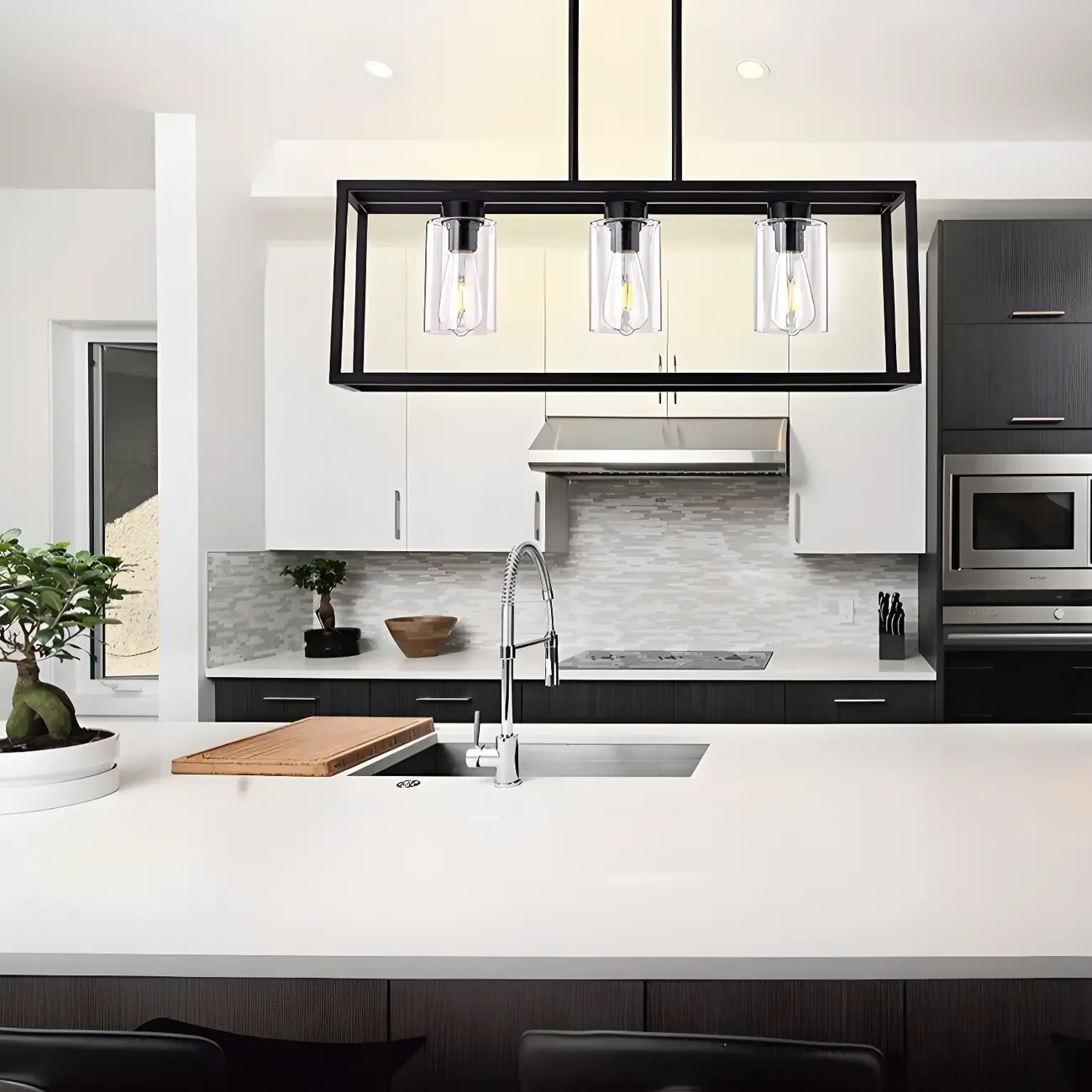 Industrial Black Metal Glass Cylinder Kitchen Island Pendant Light