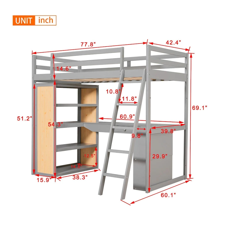 Loft Bed with Desk and Shelves
