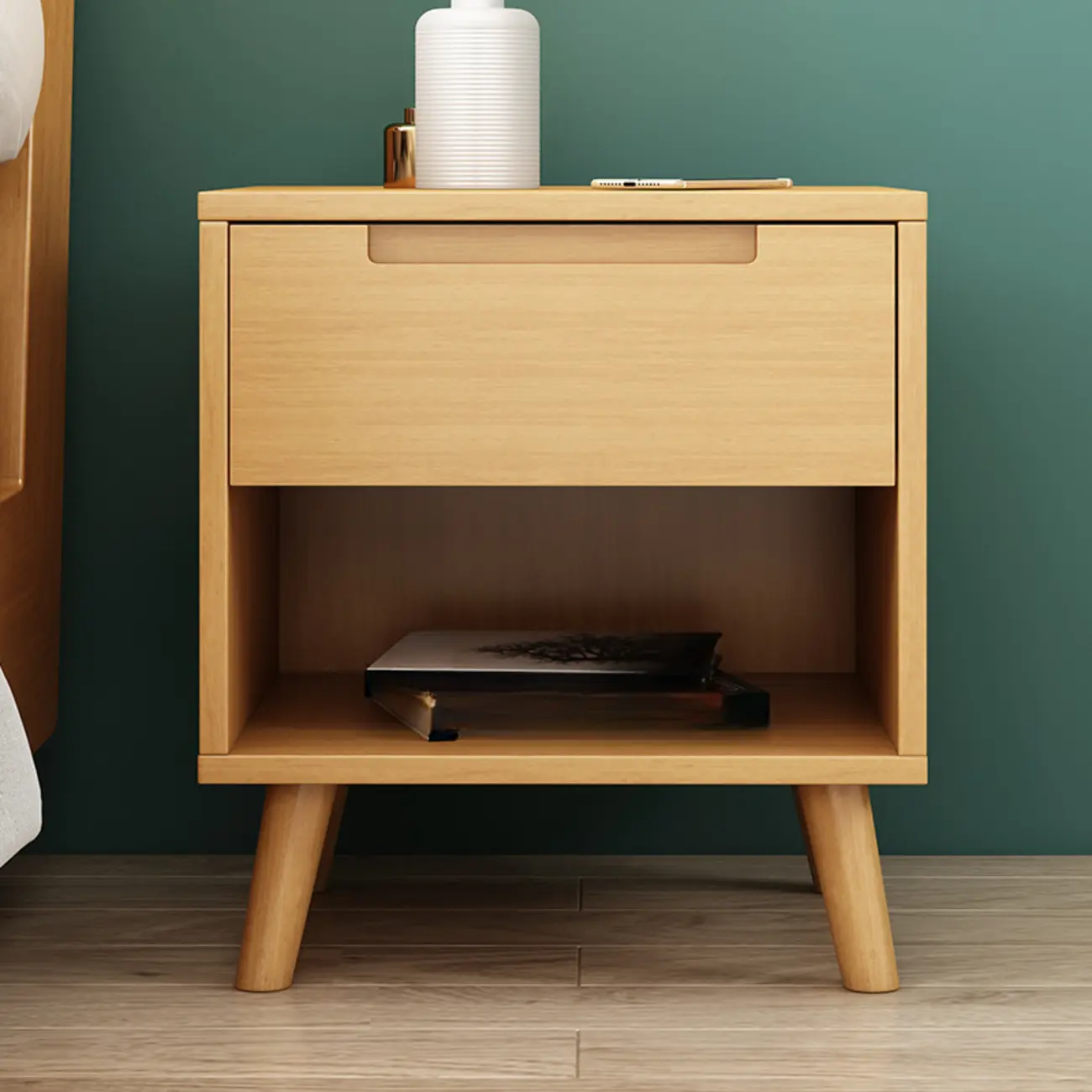 Narrow Solid Wood Bedside 2 Drawers Nightstand in Natural