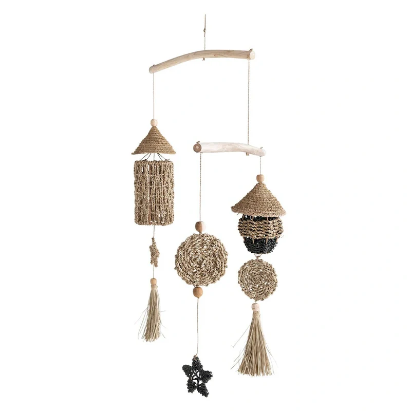 Wood and Hand-Woven Seagrass Mobile Wall Hanging - 29.5 L x 7.9 W x 45.3 H