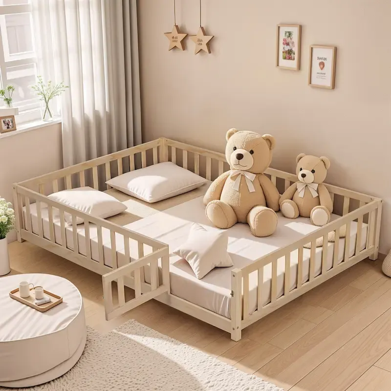 Full Size Wooden Floor Platform Bed with Fence and Door for Kids