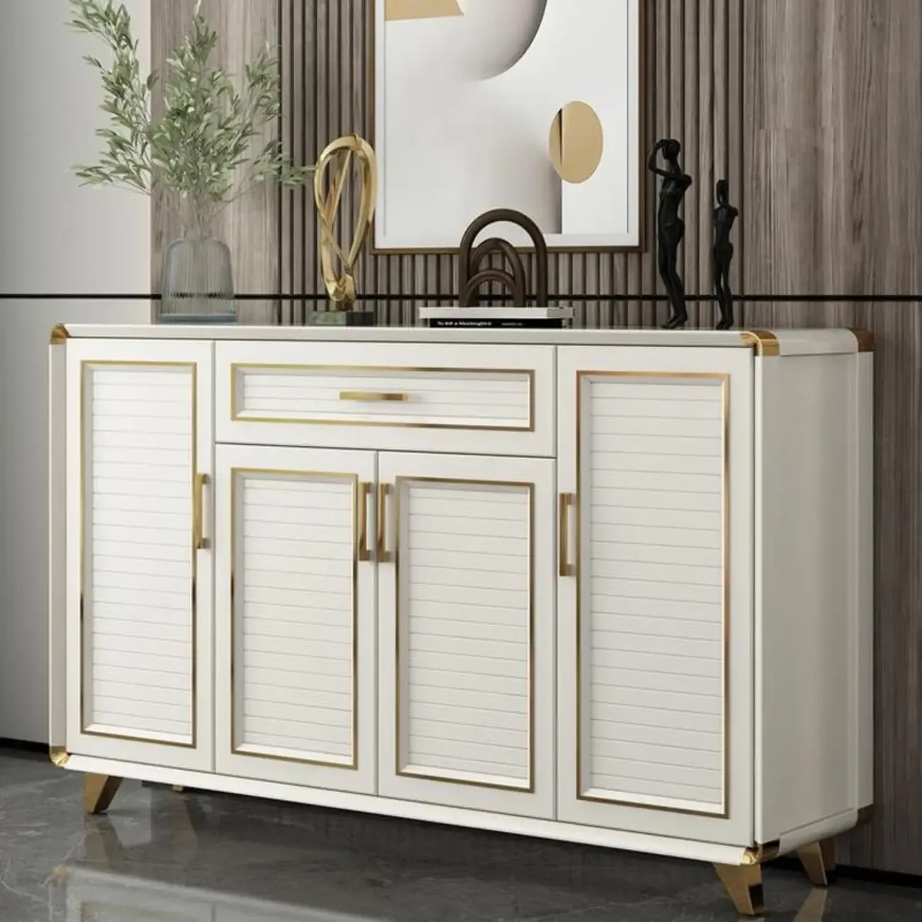 Glam White Metal Shoe Storage Cabinet with Drawer