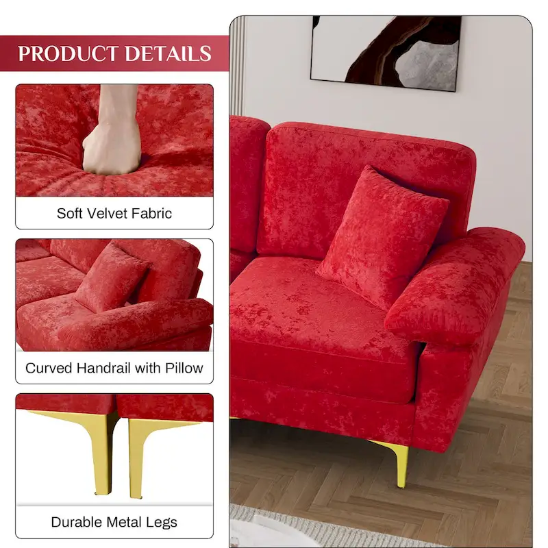 Ouyessir 2-Pieces Upholstered Velvet Sectional Sofa with 2 Pillows & Ottoman