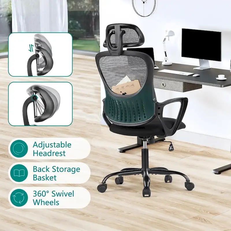 Ergonomic Office Chair, Comfy Computer Desk Chair Mesh High Back with Fixed Arms and Adjustable Headrest, Swivel Rolling Chair