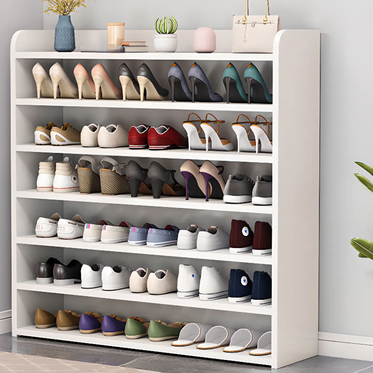Vertical White Wooden Hallway 6-Tier Open Shoe Rack