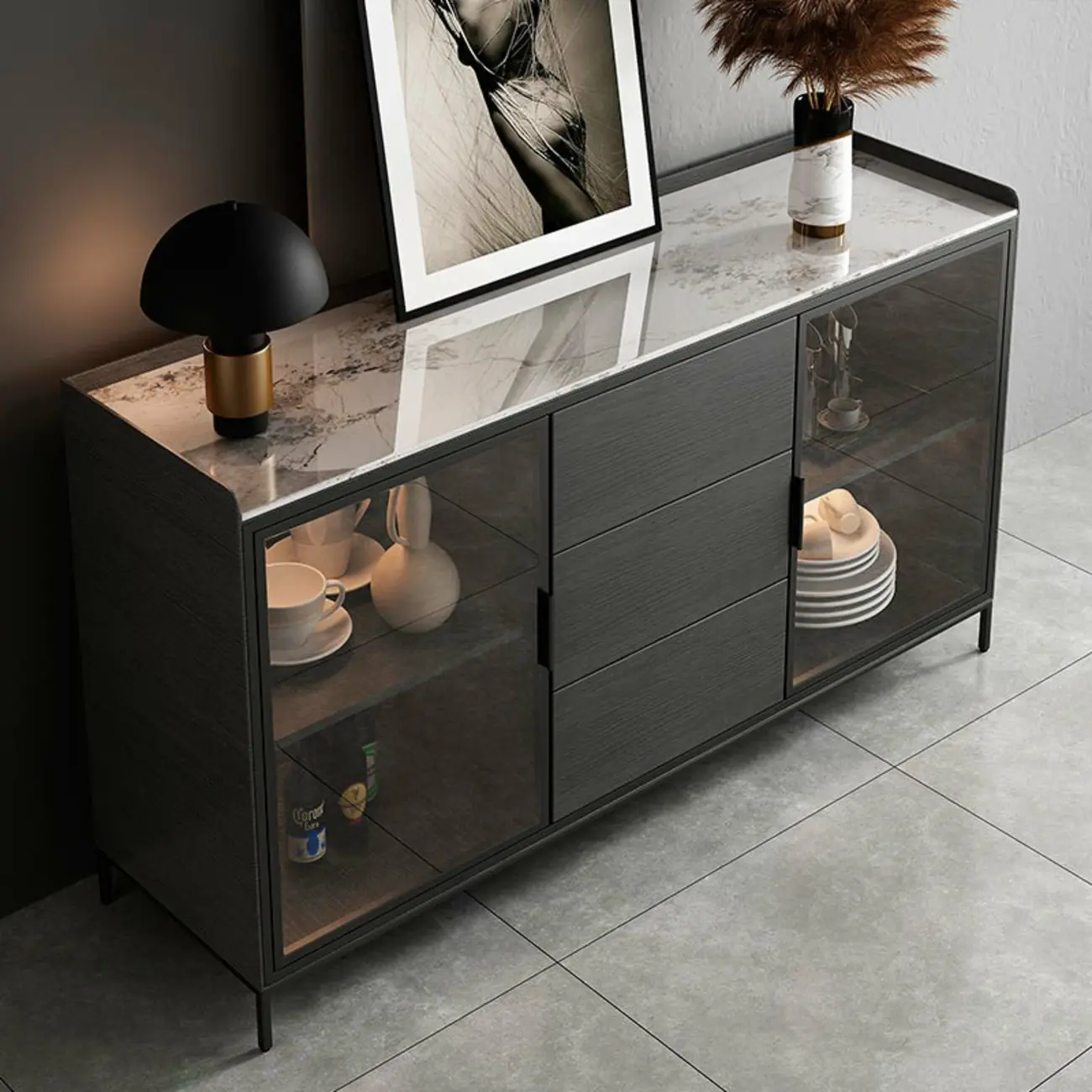 Modern Wooden Buffet Table with Stone Top and Storage