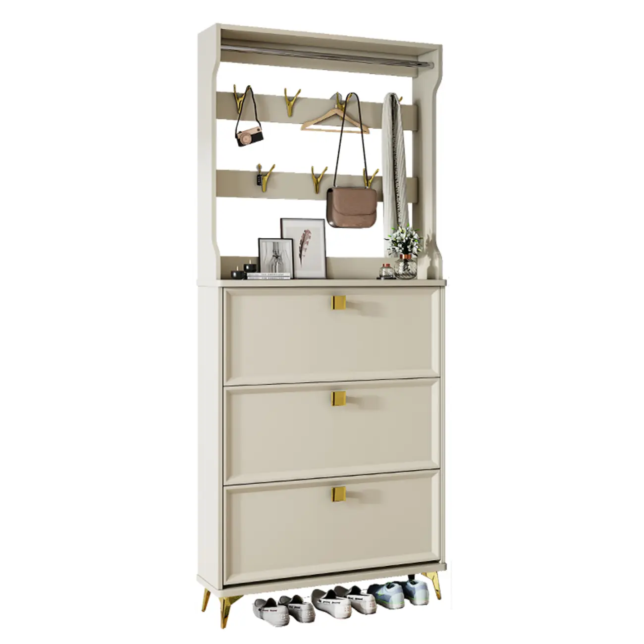 Drop-Front Adjustable Modern White Wood Narrow Shoe Cabinet