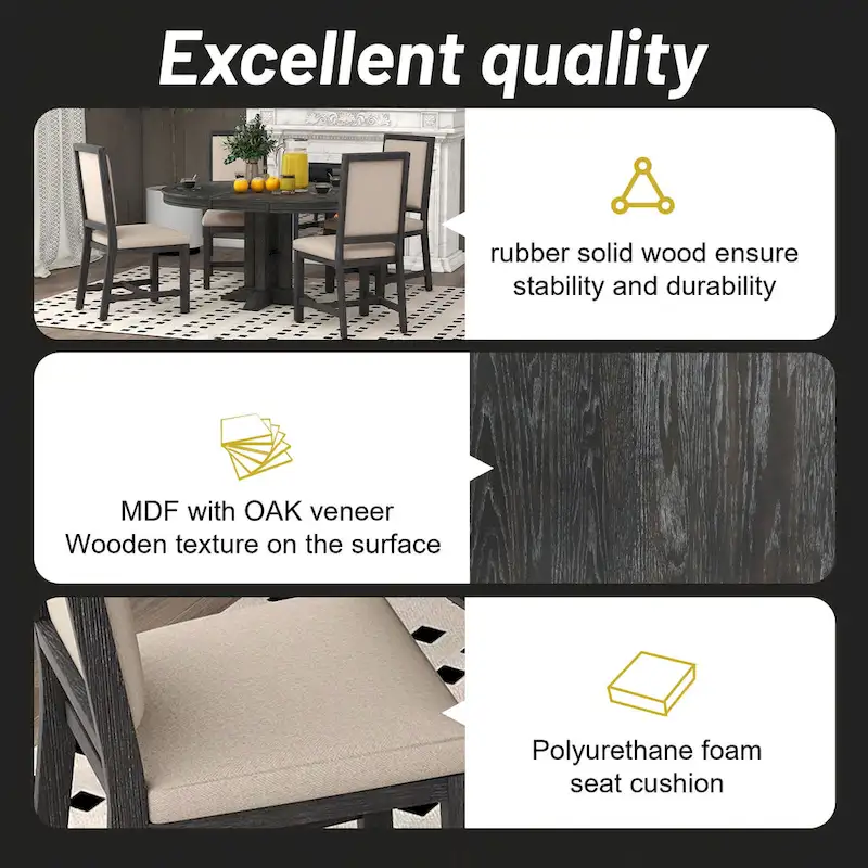 5-Piece Wooden Dining Table Set with Extendable Round Table & 4 Chairs