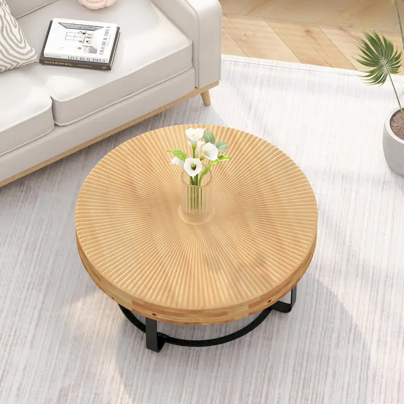 Modern Round Coffee Table with Wooden Carving Pattern and Metal Legs