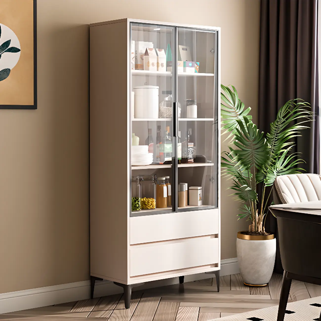 Khaki Wooden Adjustable Shelf Display Cabinet with Drawer