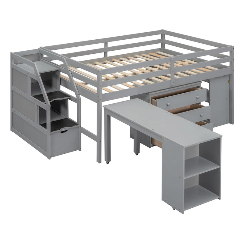 Full Size Solid Wood Loft Bed with Retractable Desk, Storage Stairs, Storage Drawers, and Shelves