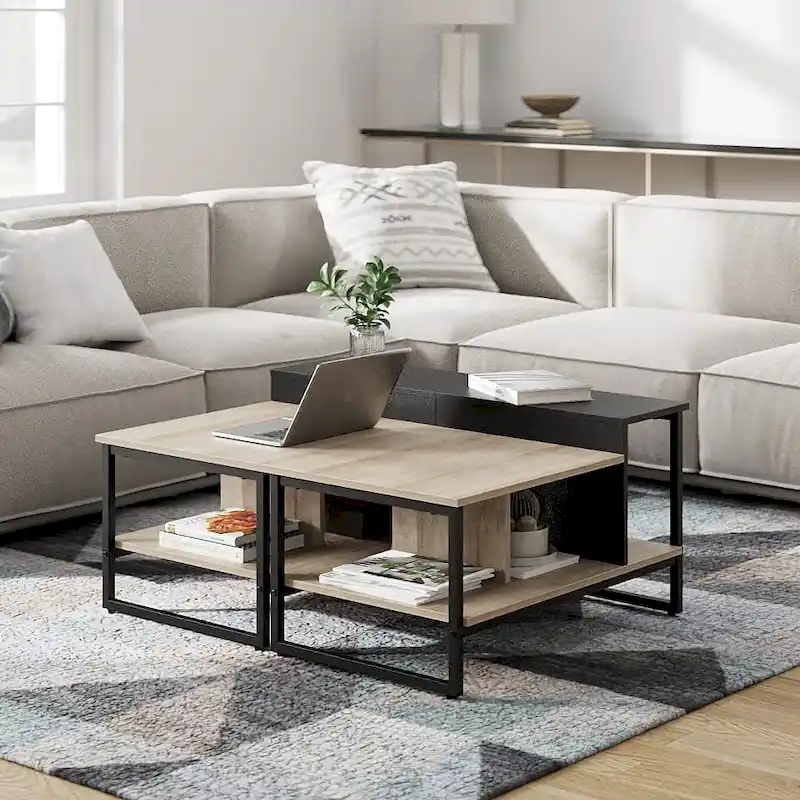 Farmhouse Glass Coffee Table with Storage, Metal Wood