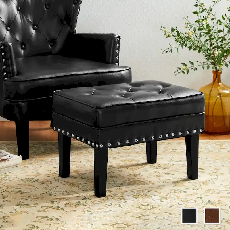 Glitzhome 22W Mid-century PU Leather Tufted Ottoman Foot Stool