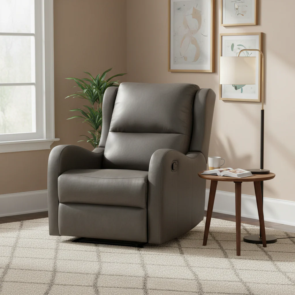 Manual Recliner Chair – Gray, Faux Leather, Single Seat