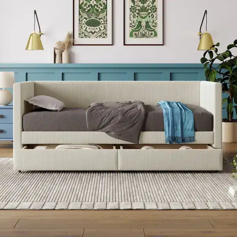Upholstered Twin Size Daybed with Two Drawers