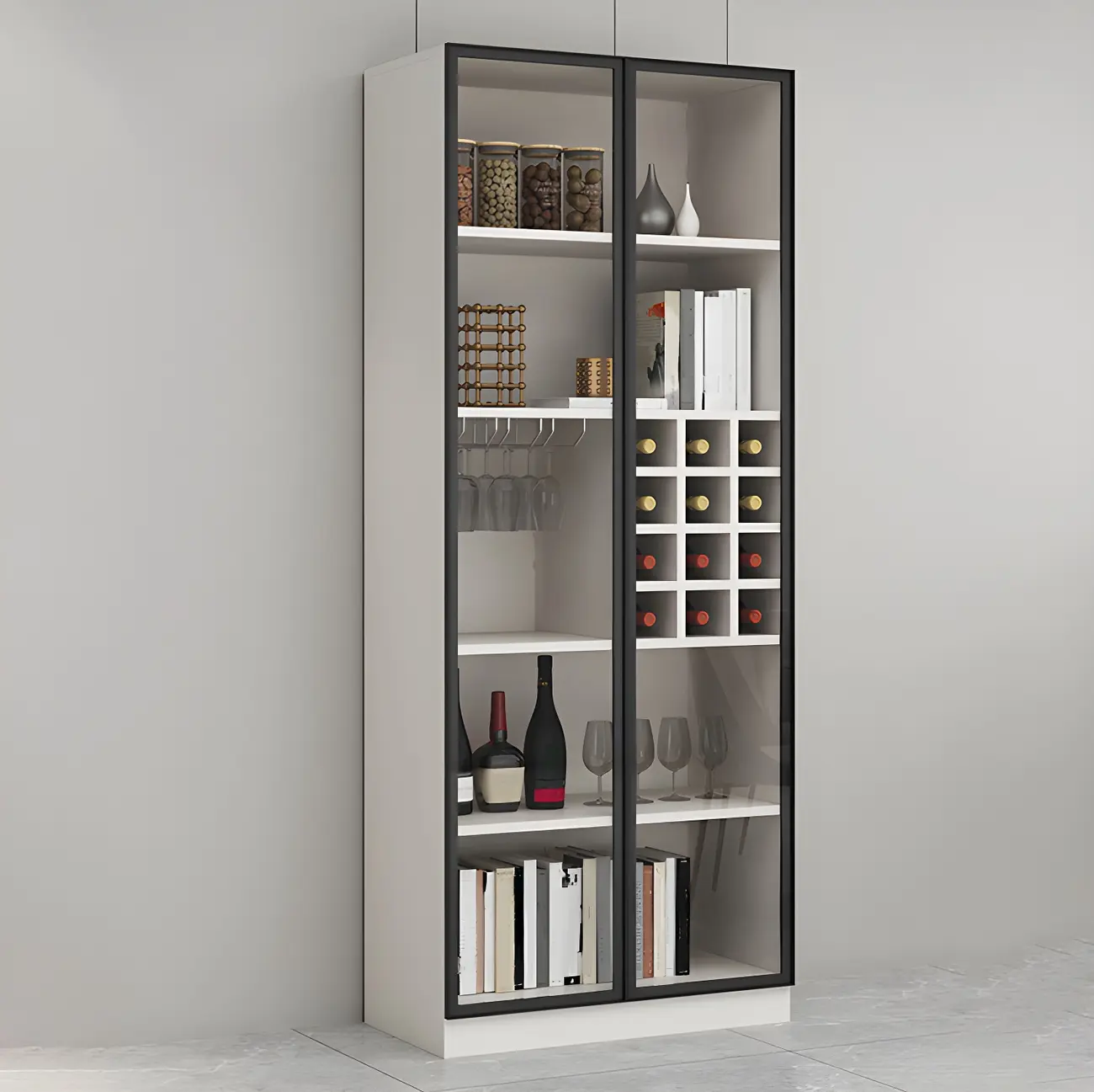 Lighting Modern Freestanding Black Wooden Wine Cabinet