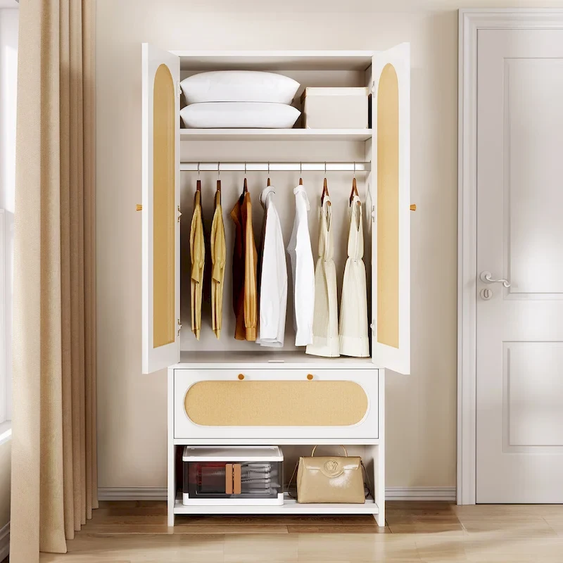 Moasis 70 Rattan Armoire Bedroom Wardrobe with Drawer & Hanging Rod