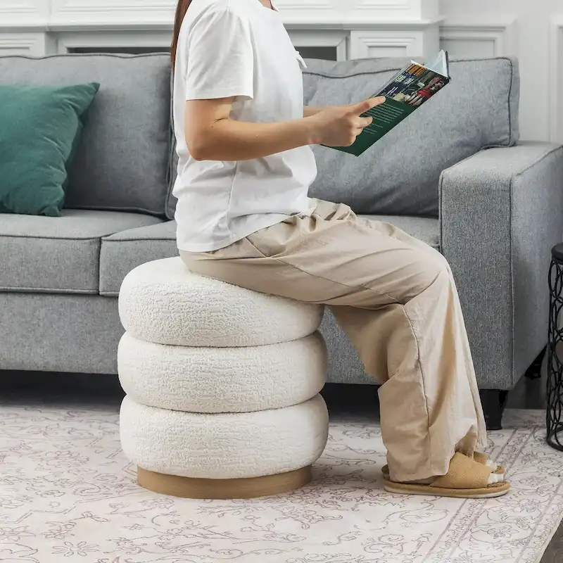 Adeco Teddy Round Upholstered Ottoman Stool