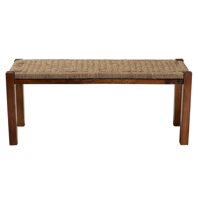 Hermes Mid-Century Modern Transitional Natural Seagrass and Mahogany Wood Bench