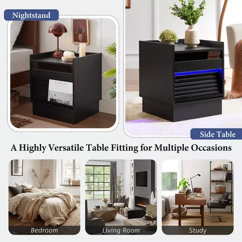 Whisen Modern Nightstand with 2 Drawers, LED Lights and Charging Ports, Large Storage