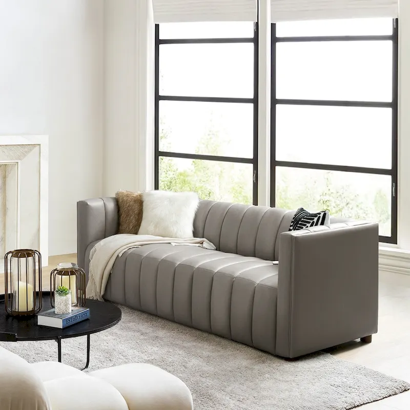 Olinto Modern Camel 83-Inch Genuine Leather Curved Couch with Channel Back by HULALA HOME