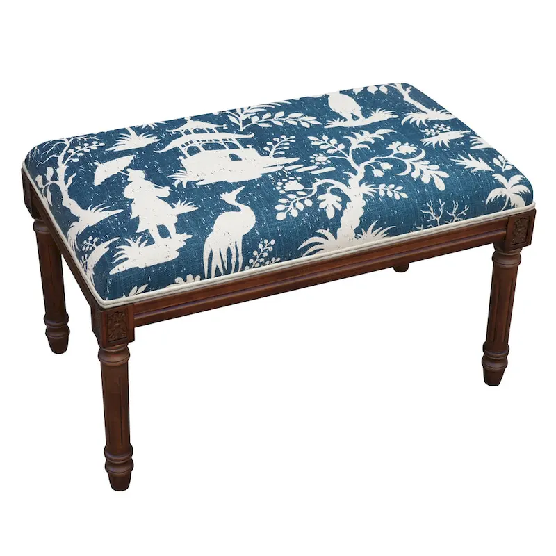 Navy Chinoiserie Bench with Wood Stain Finish