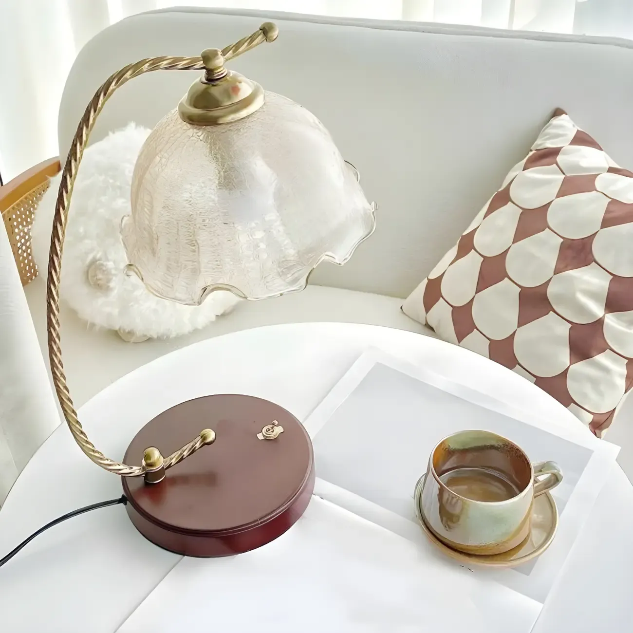 Exquisite Brown Glass Curved Arm Flower Shaped Table Lamp