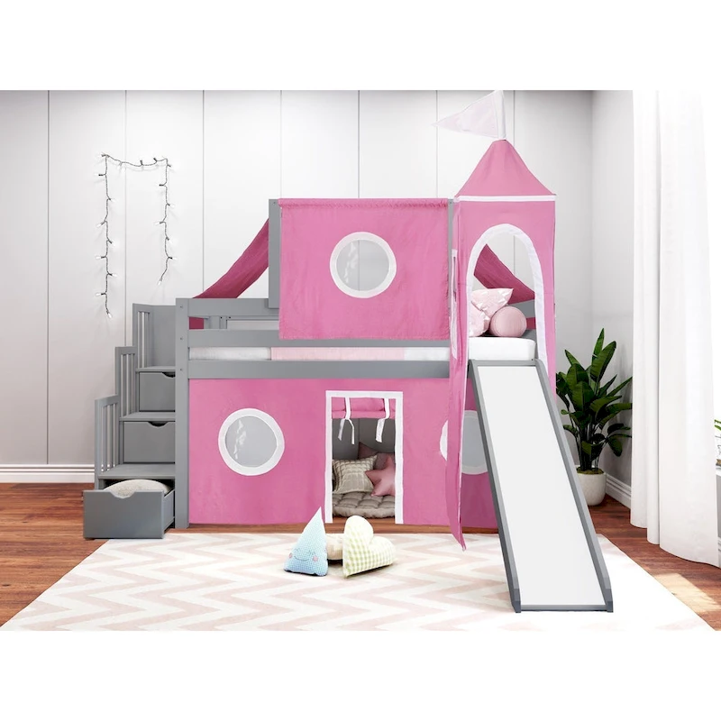 JACKPOT Prince & Princess Low Loft Twin Bed, Stairs Slide Tent & Tower
