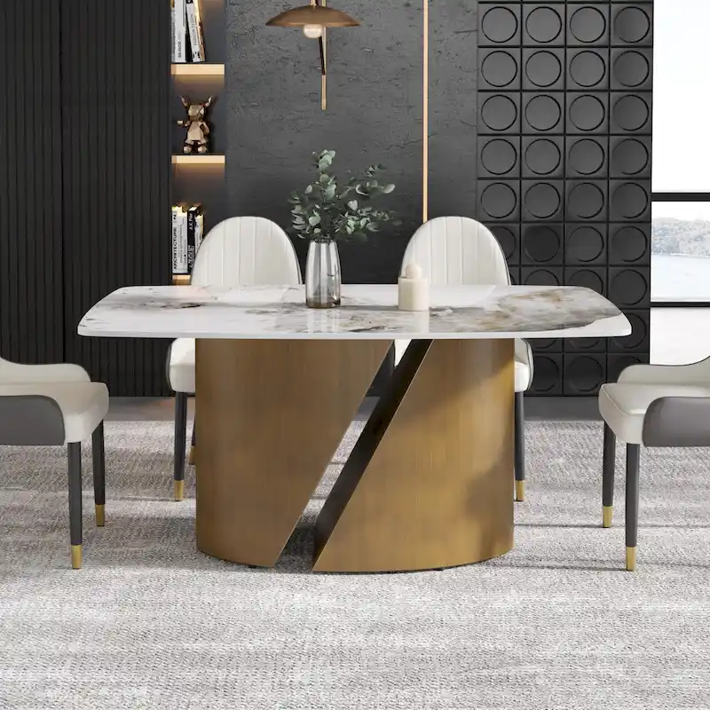 71 & 63 Modern Kitchen Table Marble Sintered Stone Table Top with Metal Gold Finish Legs