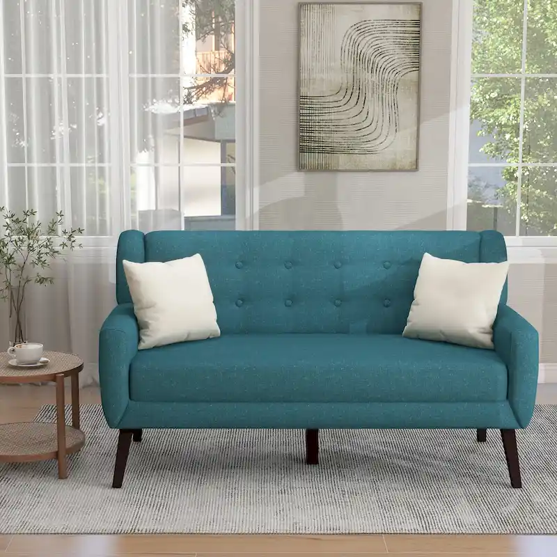 Tufted Linen/Cotton 2-Seater Sofa with Pillows