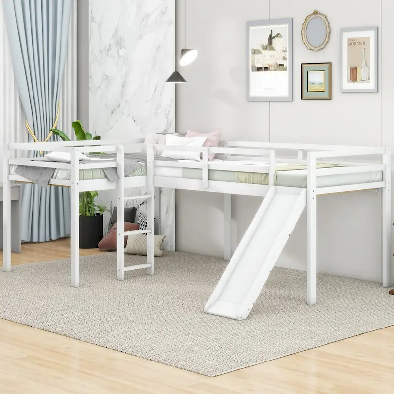 Twin Size L-Shaped Loft Bed with Ladder and Slide