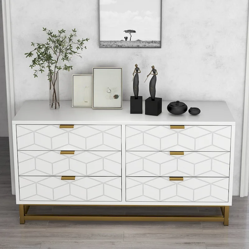 6-Drawer Dresser with Gold Metal Legs - White Wood