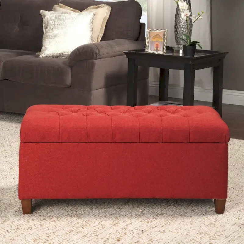 Button-Tufted Cranberry Storage Bench
