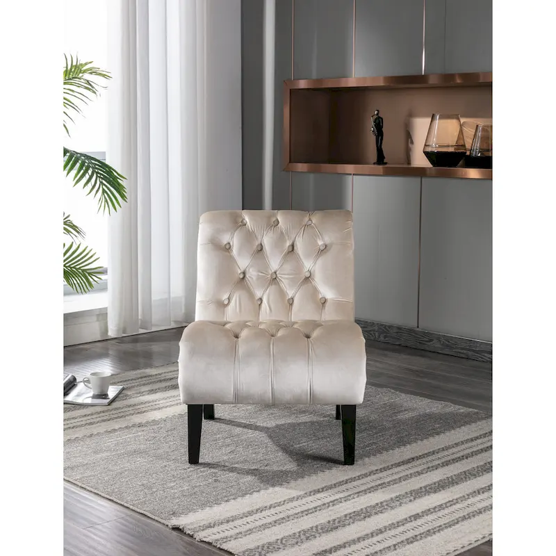 Beige Velvet Accent Chair with Button Tufting and Wooden Legs