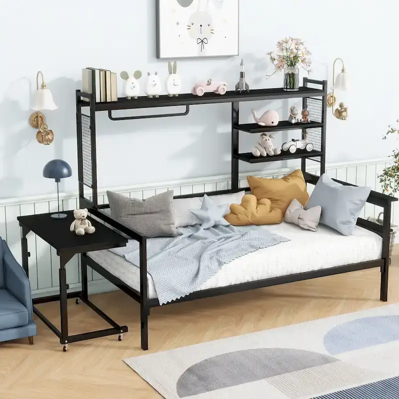 Versatile Daybed with Movable Desk, Metal Sofa Bed Frame with Metal Grid, Shelves and Clothes Hanger, No Box Spring Needed
