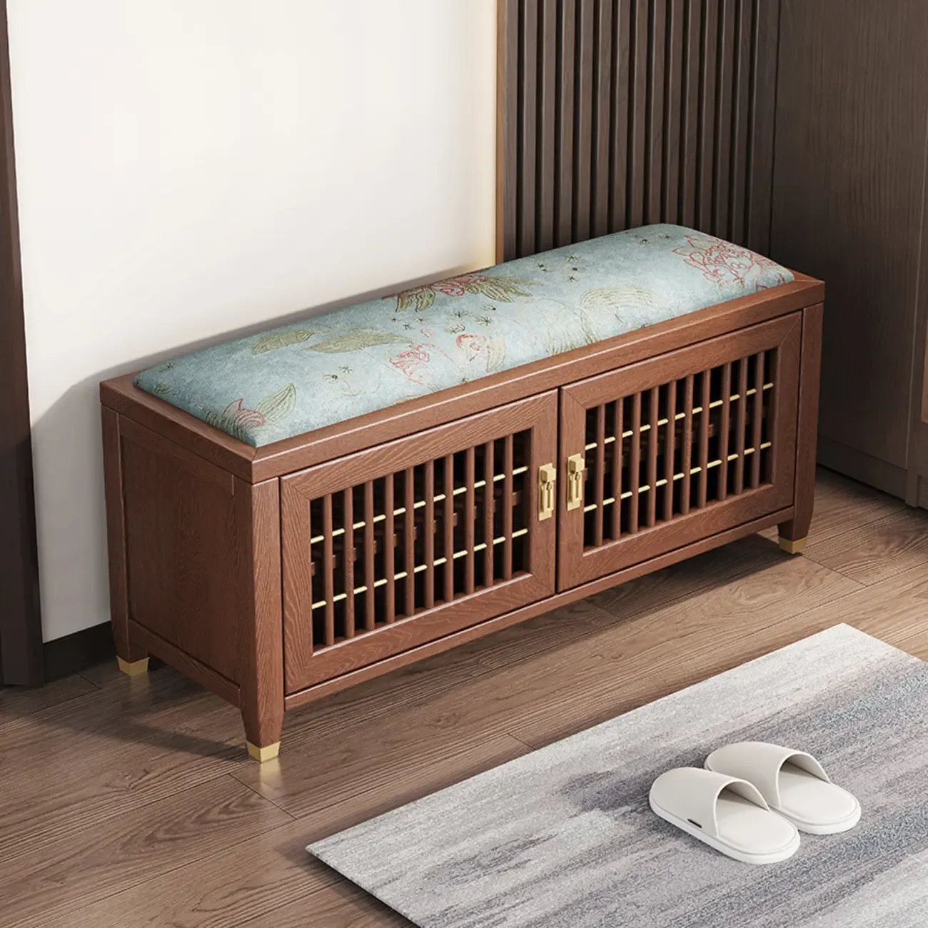 Traditional Wooden Upholstered Bench with Storage Locker