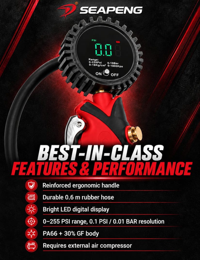 SEAPENG TB-802 automatic air inflator for accurate tire pressure service.