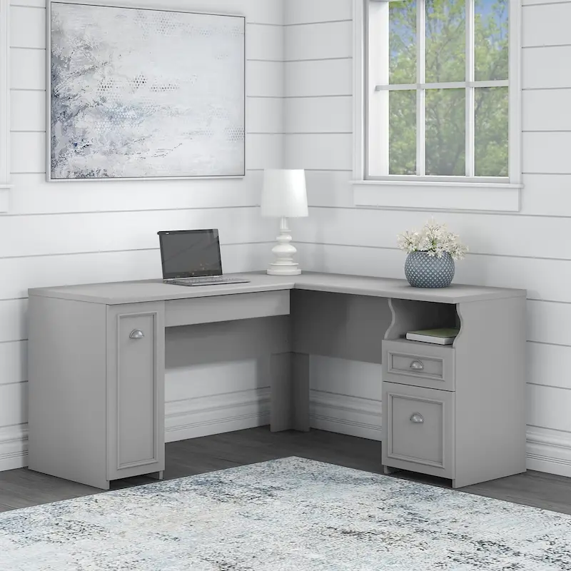 L-Shaped Desk, 60"W, 1 File Drawer, 1 Box Drawer, 1 Keyboard Tray, Storage Cabinet, Cape Cod Gray/Shiplap Gray