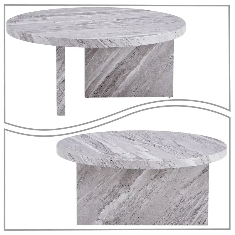 Modern Stylish Wooden Round Coffee Table with Imitation Marble Veneer Surface