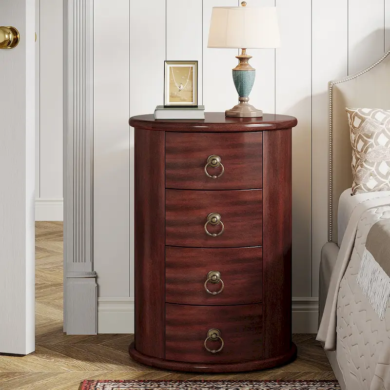 Cherry Brown Nightstand with 4 Drawers - Mid-Century Wood Bedside Table